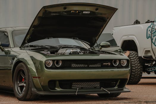 A green Dodge Challenger displayed with its hood raised, showcasing its engine at an outdoor car event.